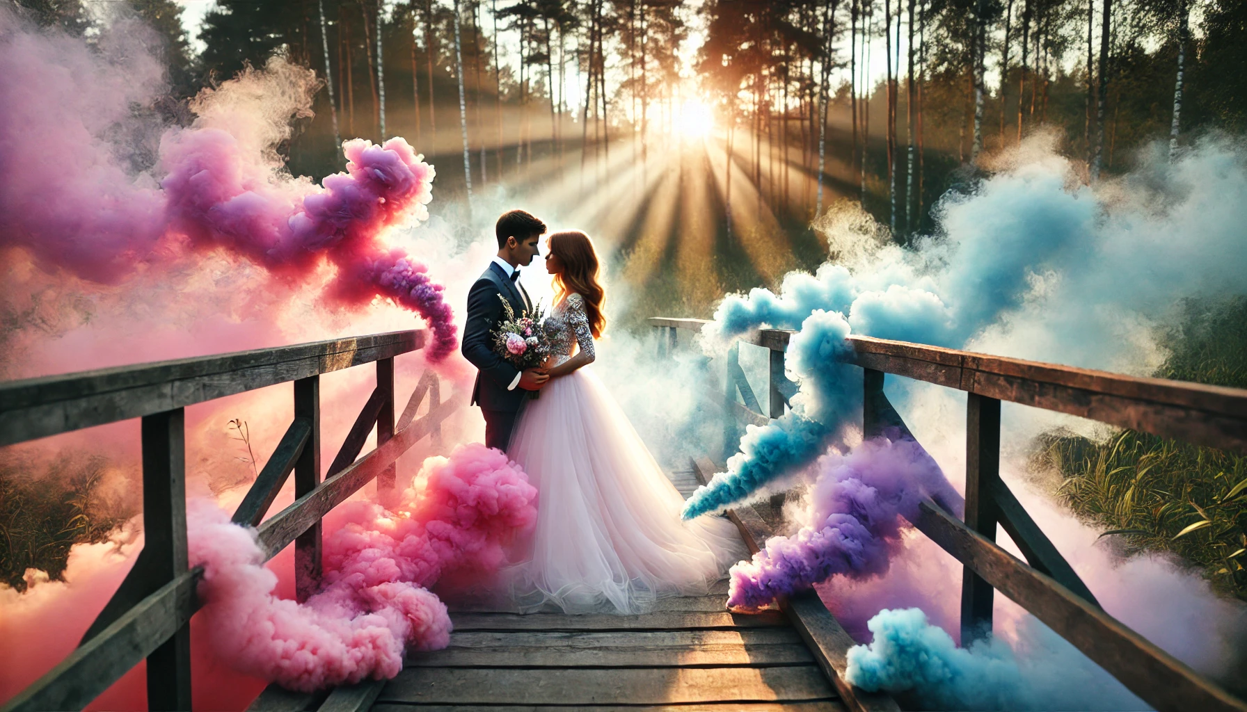 A bride and groom stand on a wooden bridge in a forest, embraced in a romantic pose as the golden rays of the sunset shine behind them. Colorful pink, blue, and purple smoke bombs swirl around, creating a dreamy and ethereal wedding atmosphere.